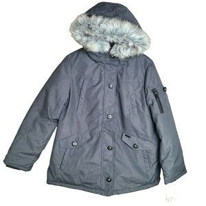 Skechers Womens Sz LG Dark Gray Faux Fur Lined Hooded Winter Jacket Puffer Parka